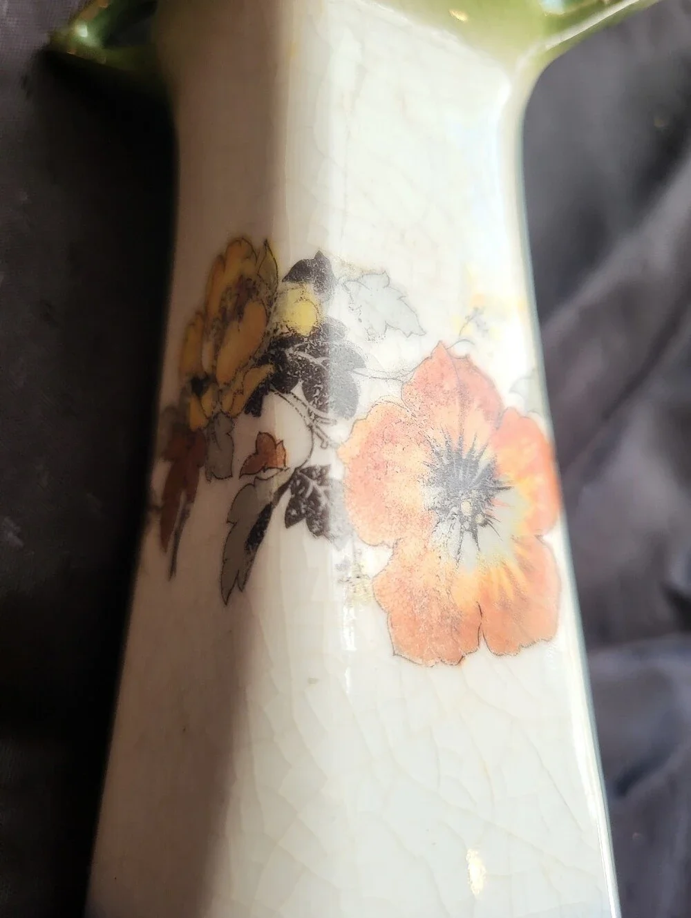 Vintage Cechalovakia 7 Inch Floral Ceramic Vase in Blue, Cream & Orange